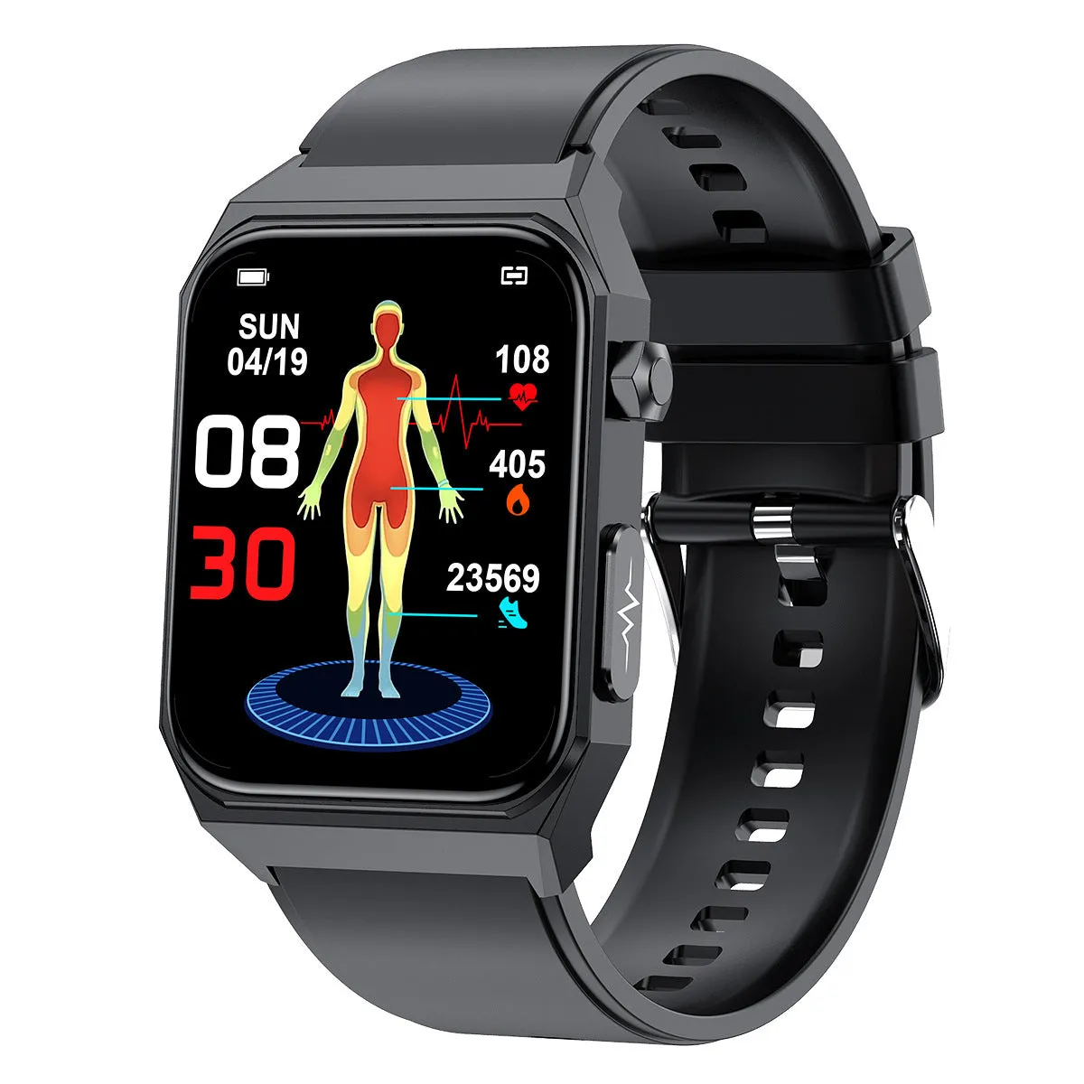 New E530 blood glucose smart watch with 1.91-inch HD touch screen and ECG monitoring on a black wristband