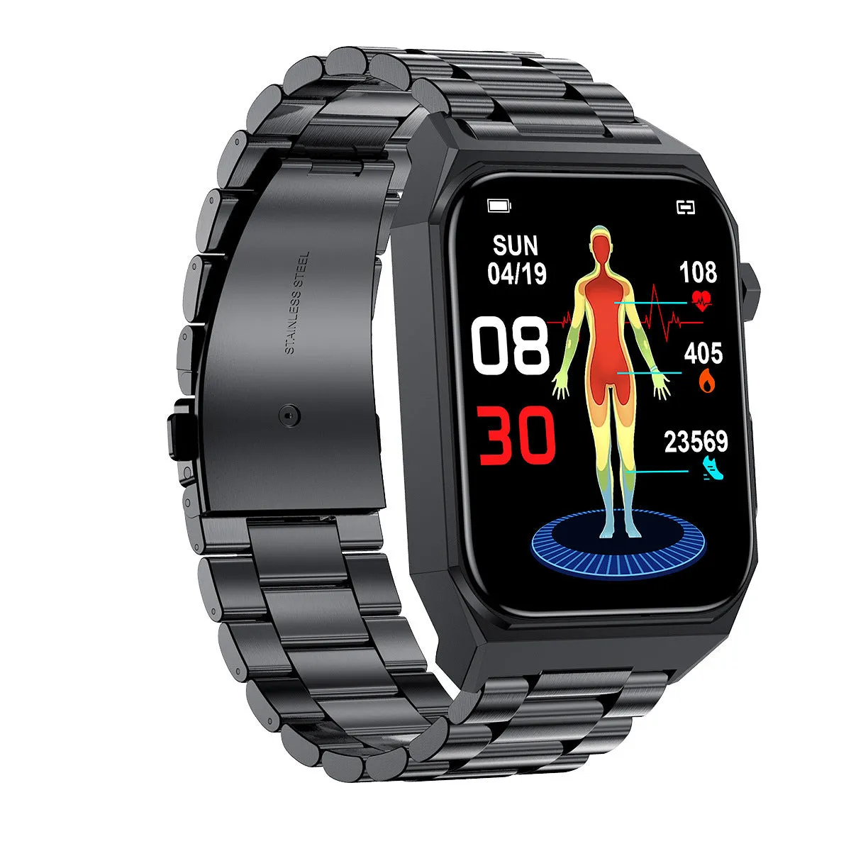 New E530 blood glucose smart watch with 1.91-inch HD touch screen and ECG monitoring on a black wristband
