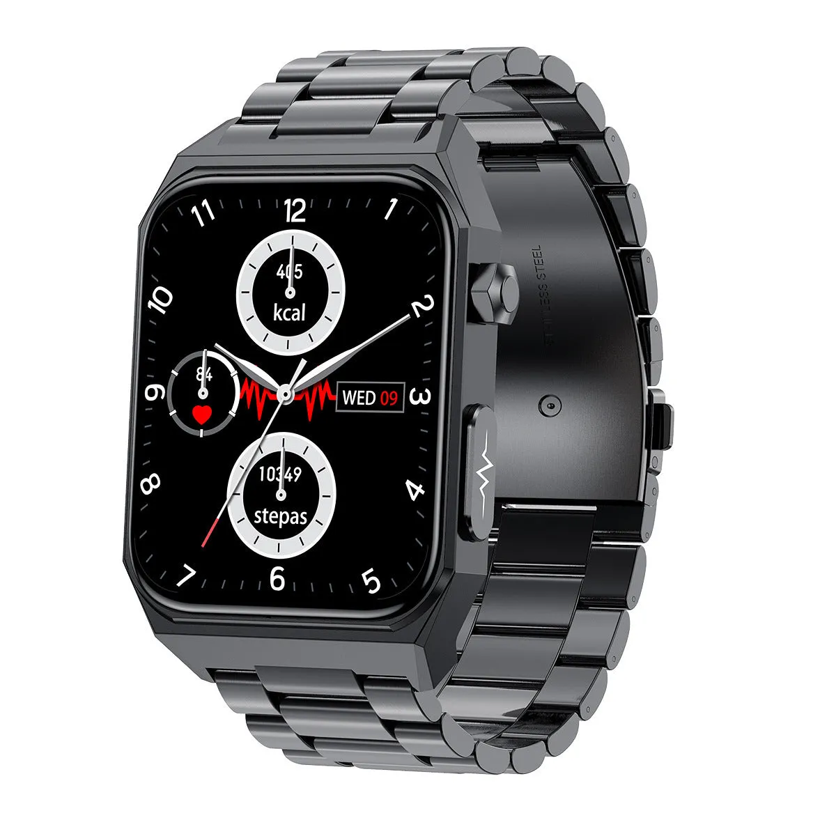 New E530 blood glucose smart watch with 1.91-inch HD touch screen and ECG monitoring on a black wristband