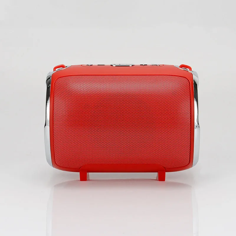 Portable Bluetooth subwoofer speaker in metal casing with USB and SD card slots for playback