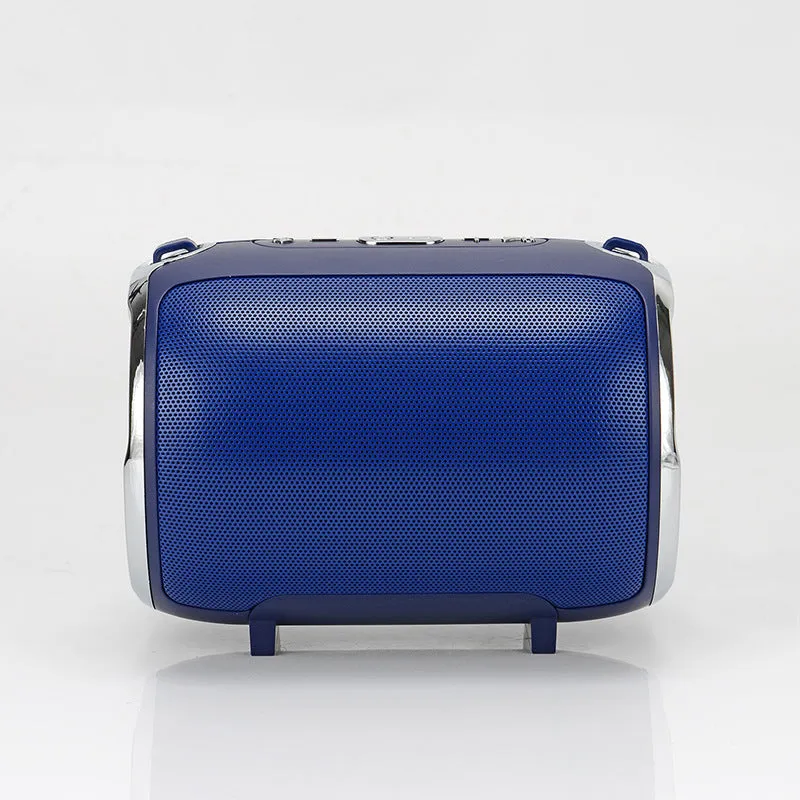 Portable Bluetooth subwoofer speaker in metal casing with USB and SD card slots for playback