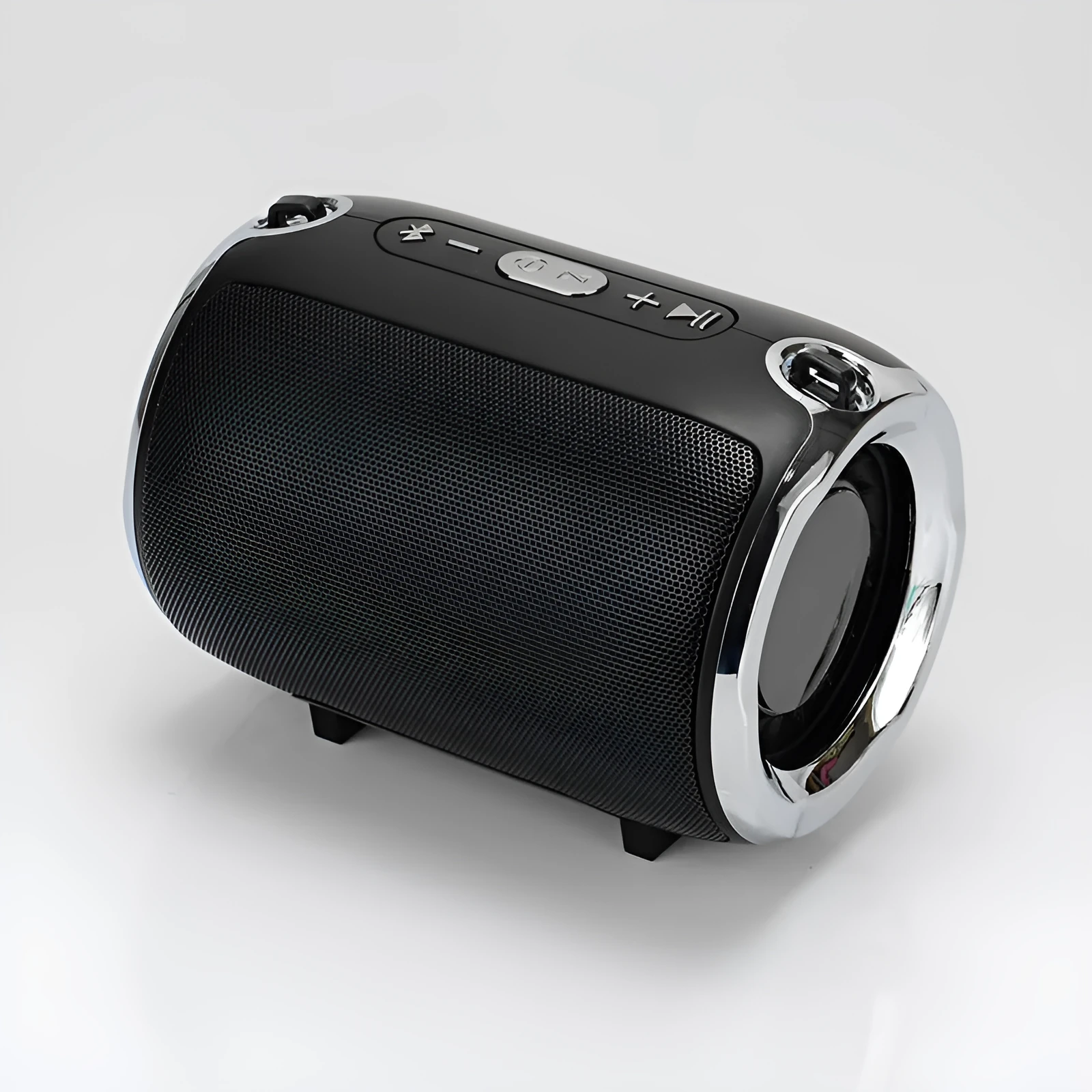 Portable Bluetooth subwoofer speaker in metal casing with USB and SD card slots for playback