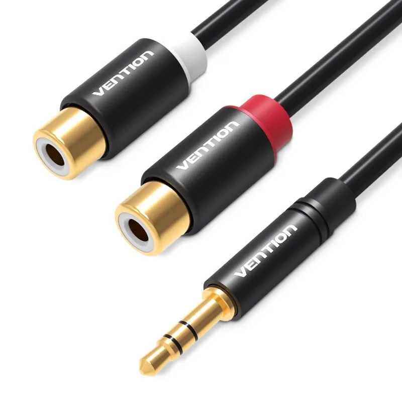 Black 30cm 3.5mm to double lotus audio cable with gold-plated connectors and revolving head