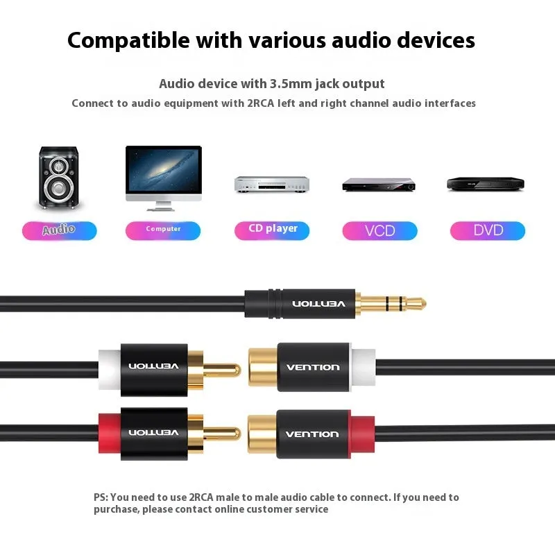Black 30cm 3.5mm to double lotus audio cable with gold-plated connectors and revolving head