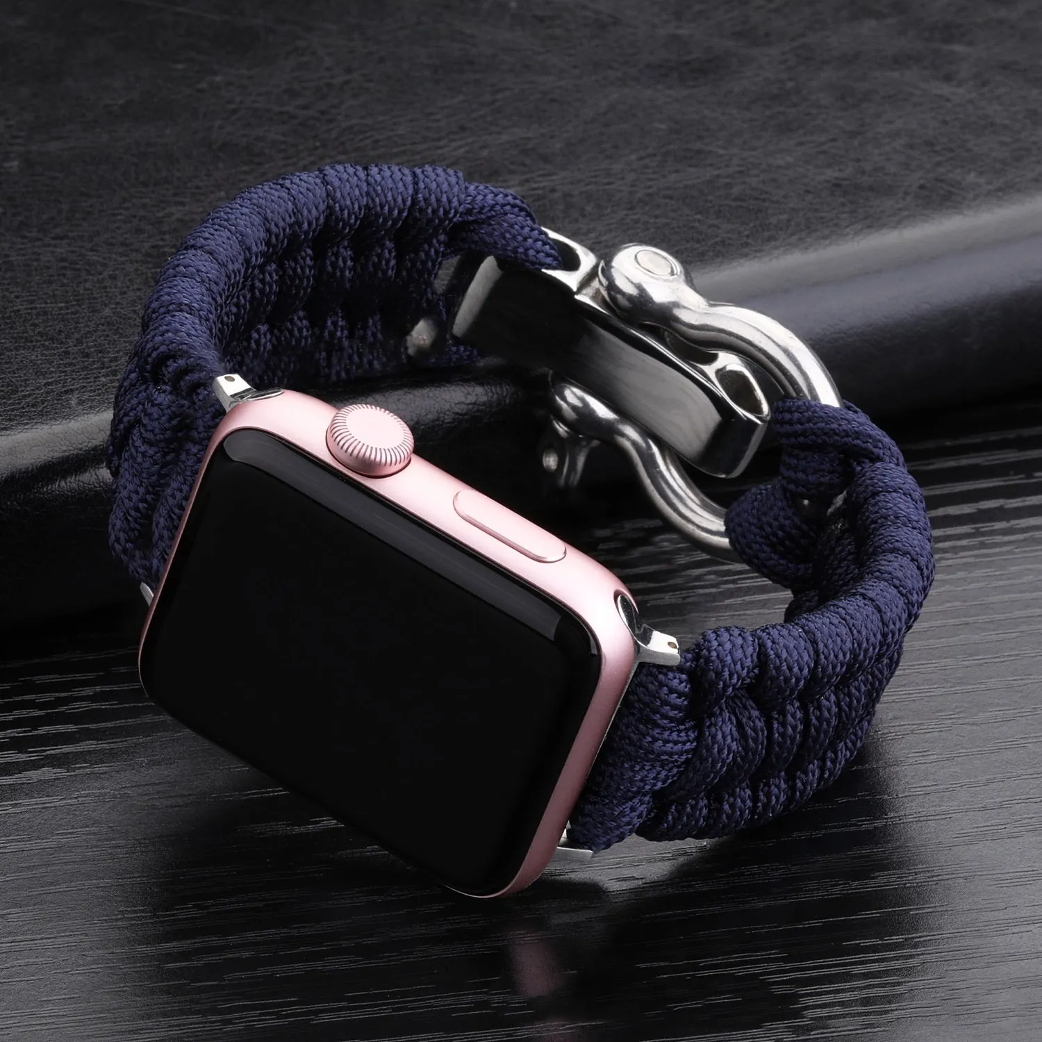Nylon woven steel buckle strap for Apple Watch, black with connector, fits 38/40mm