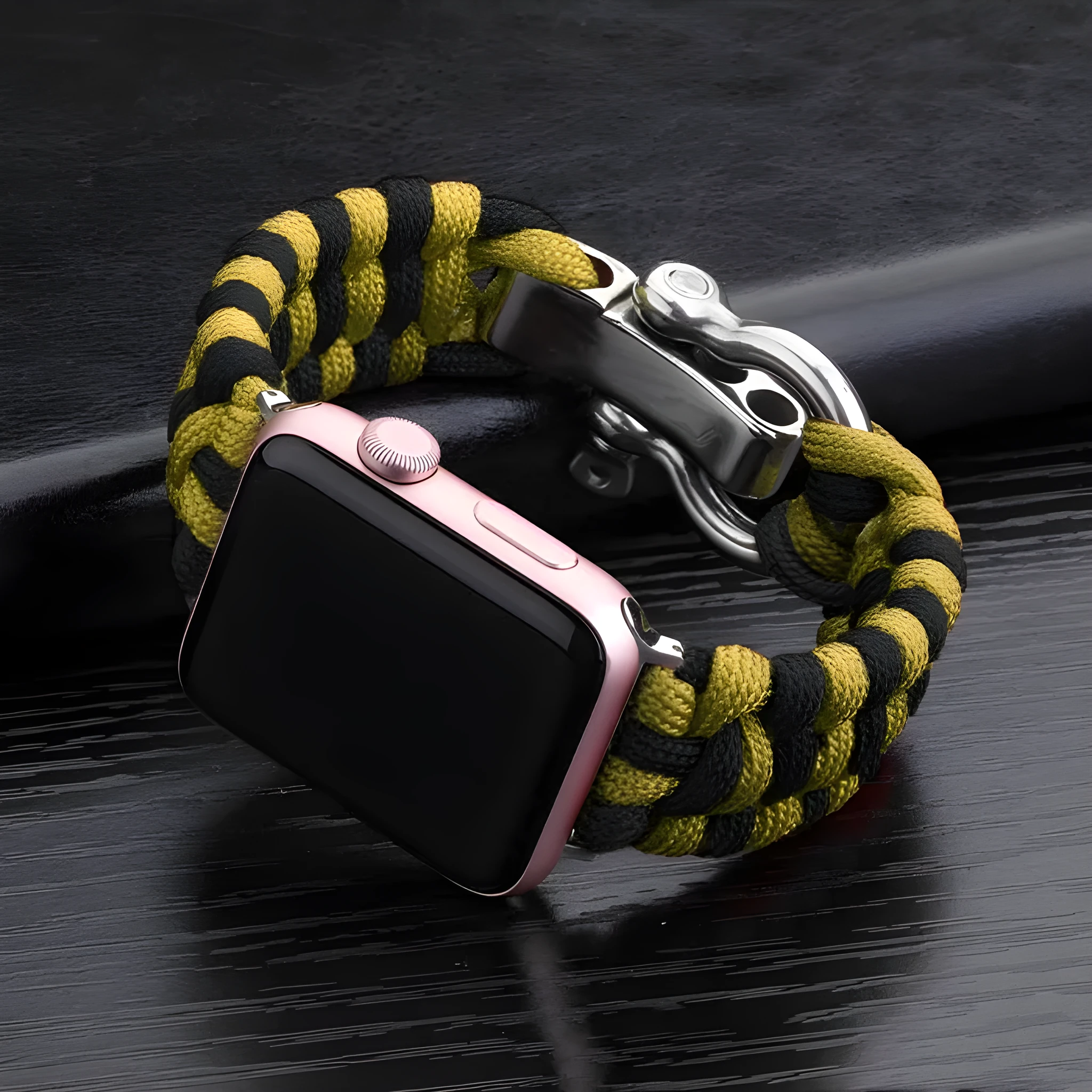 Nylon woven steel buckle strap for Apple Watch, black with connector, fits 38/40mm