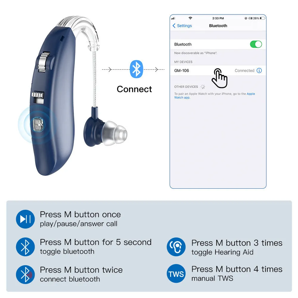 Digital hearing aid Type-C rechargeable in skin colour with Bluetooth – single unit on charger