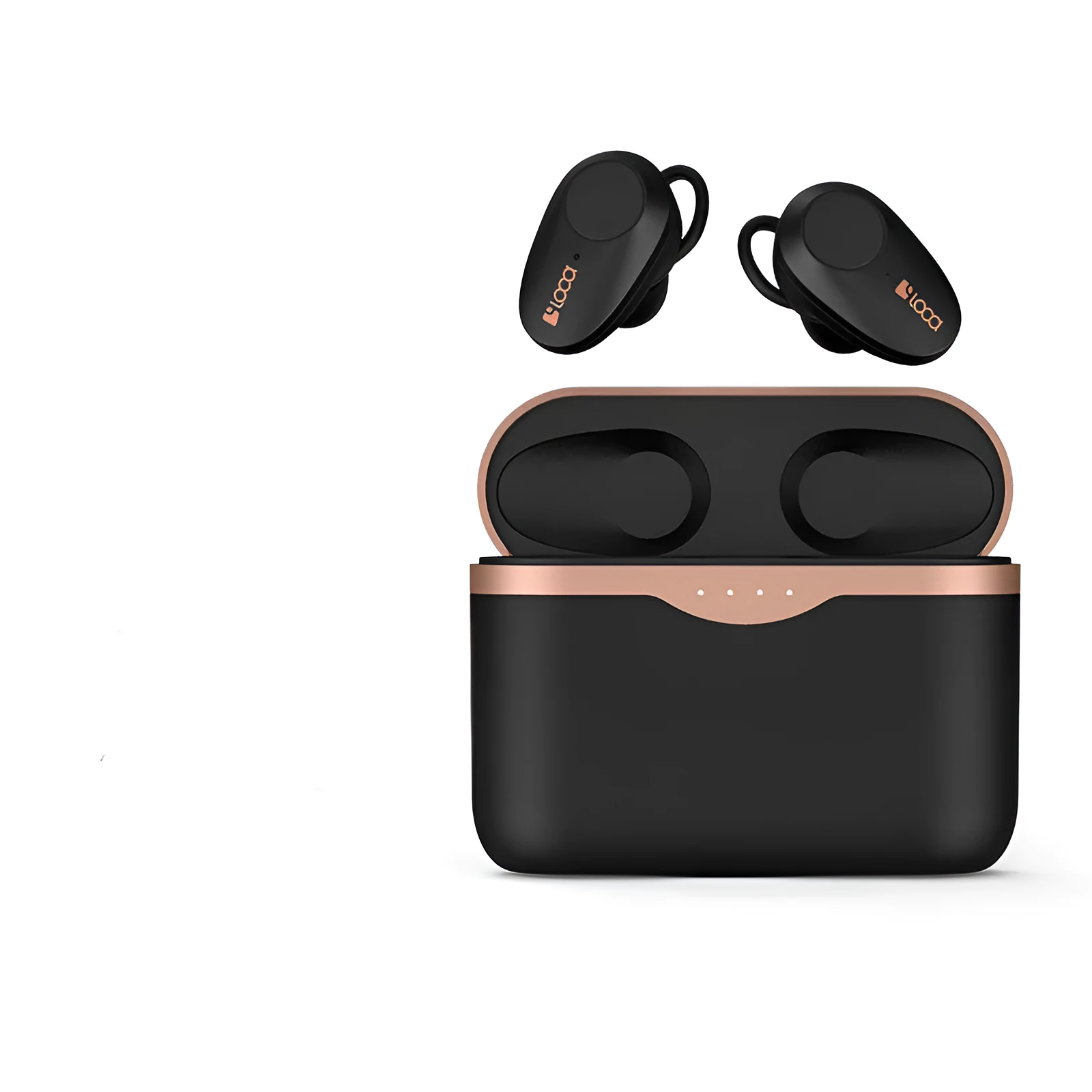 Black wireless Bluetooth headphones with charging stand showing true wireless stereo design