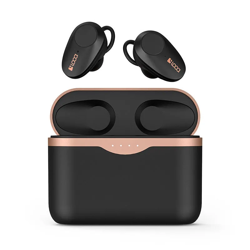 Black wireless Bluetooth headphones with charging stand showing true wireless stereo design