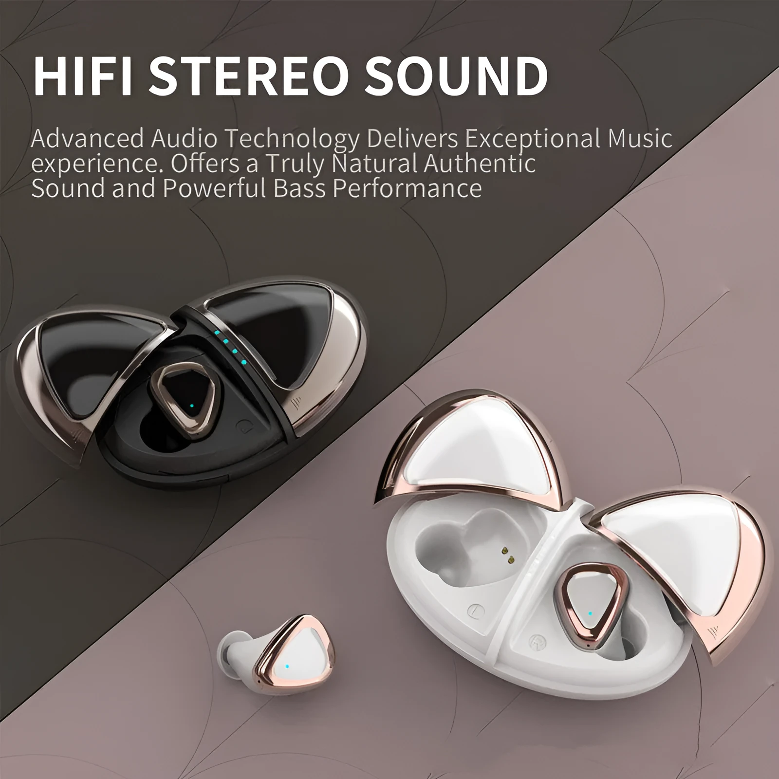 True wireless Bluetooth headset in Champagne White with breathing light, earplug style, PC ABS build