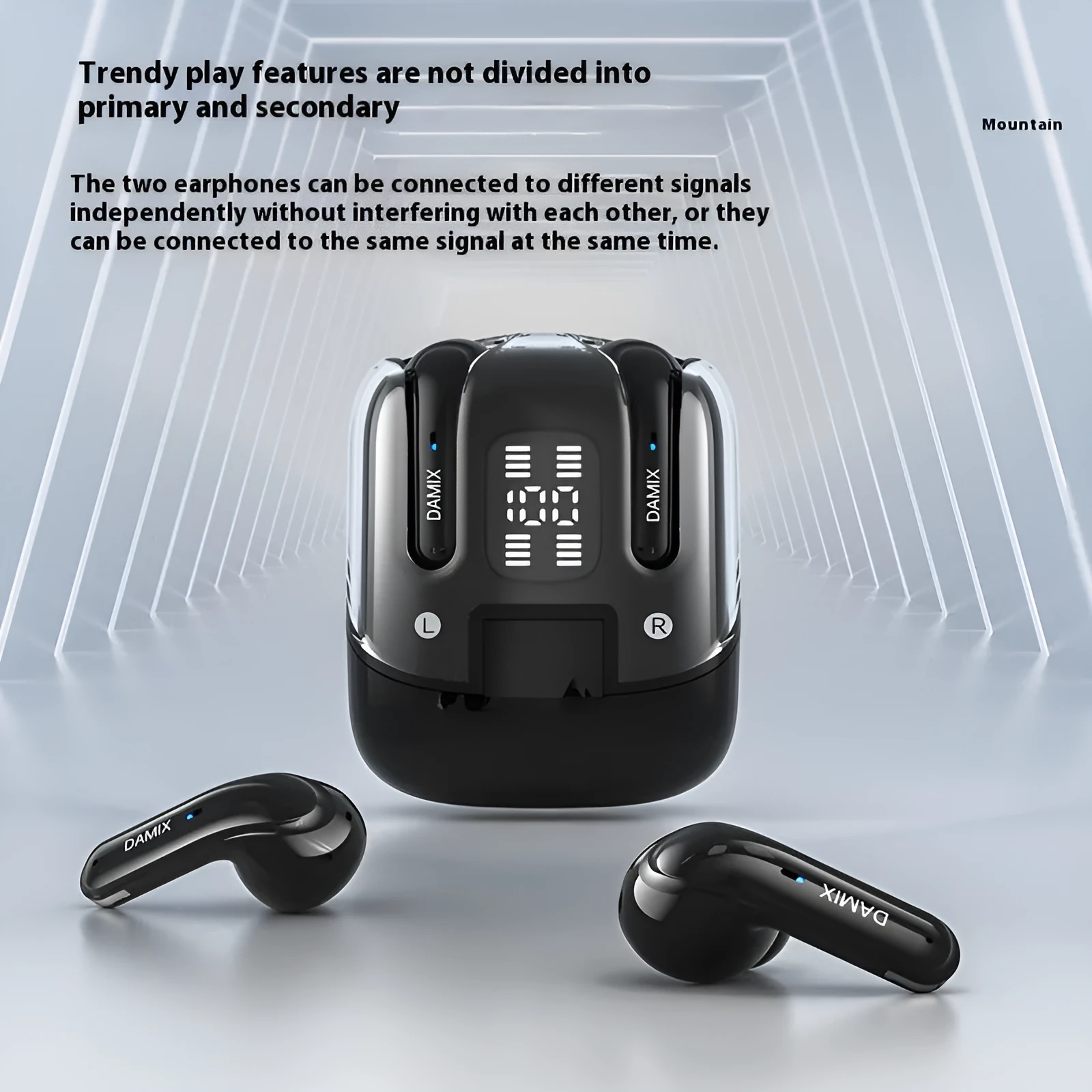 DX16 Couple Bluetooth Headset in black and white in-ear design with digital display screen