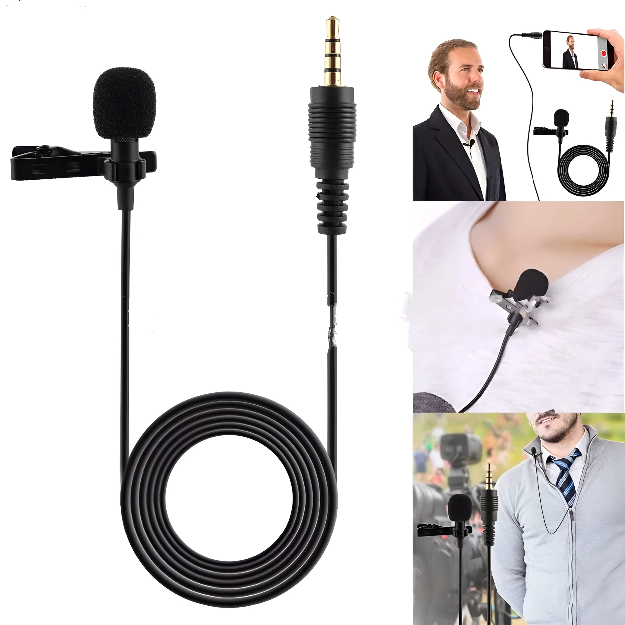 Portable neckline clip microphone set in black with 3.5mm jack and 12-hour battery