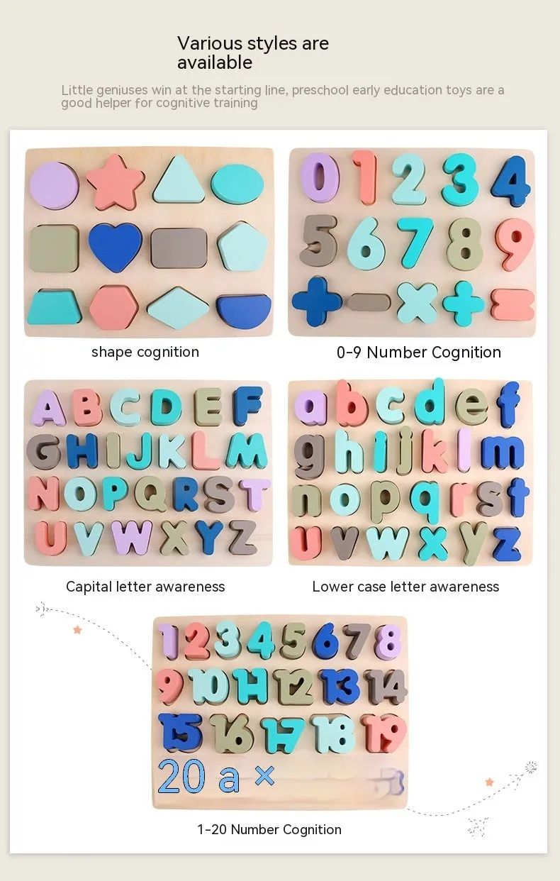 Children's wooden jigsaw puzzle macaron shape recognition board with grab pieces on a table