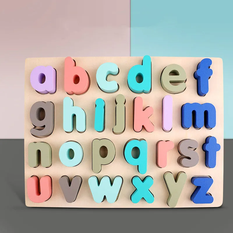 Children's wooden jigsaw puzzle macaron shape recognition board with grab pieces on a table