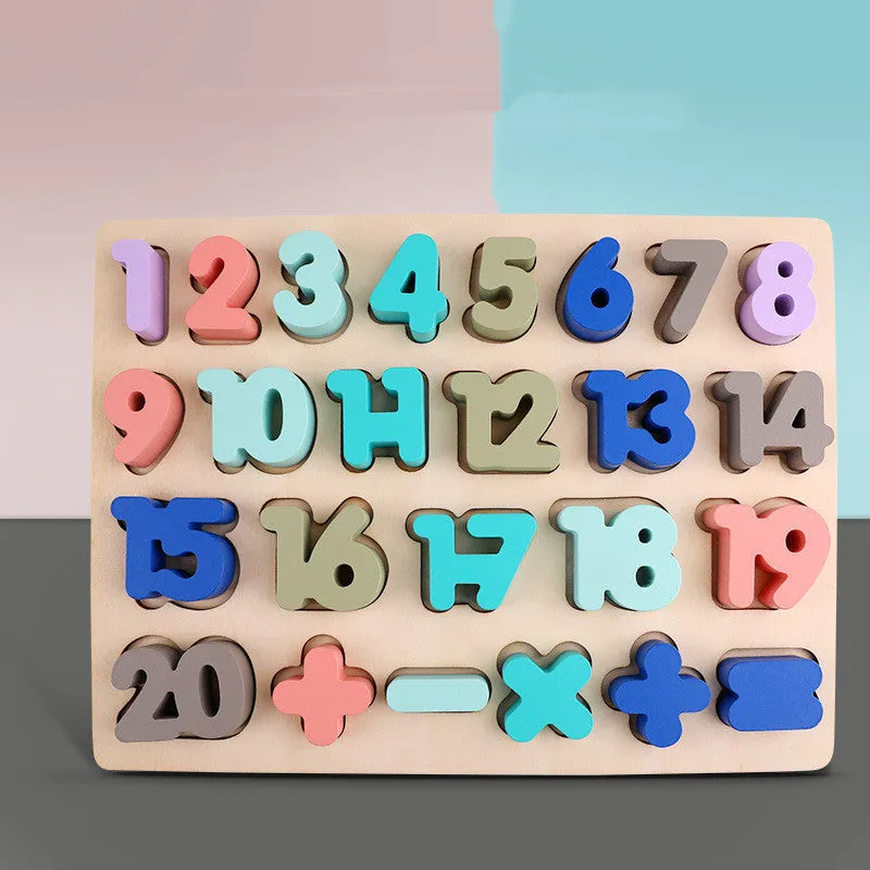 Children's wooden jigsaw puzzle macaron shape recognition board with grab pieces on a table