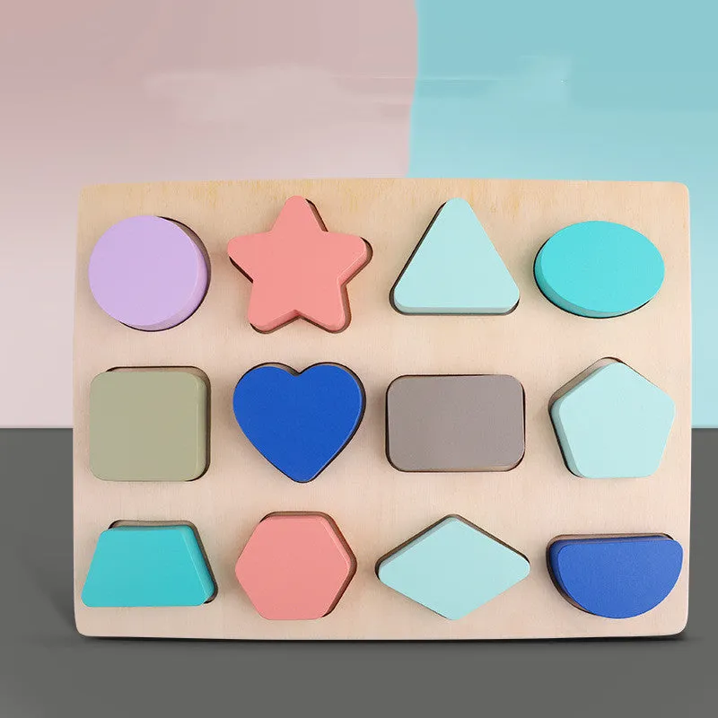 Children's wooden jigsaw puzzle macaron shape recognition board with grab pieces on a table