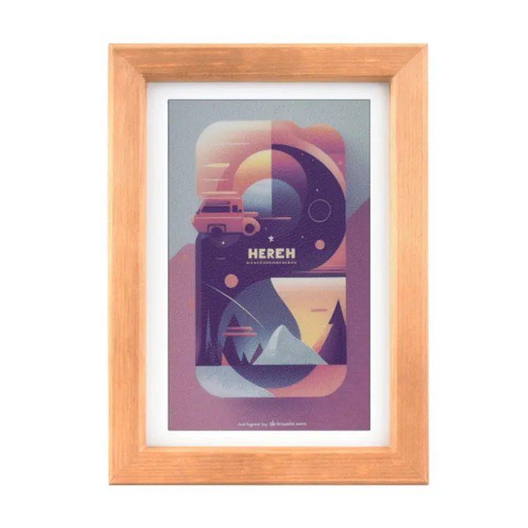 73-inch solid wood photo frame with rainbow colour band and e-ink screen displaying a still image