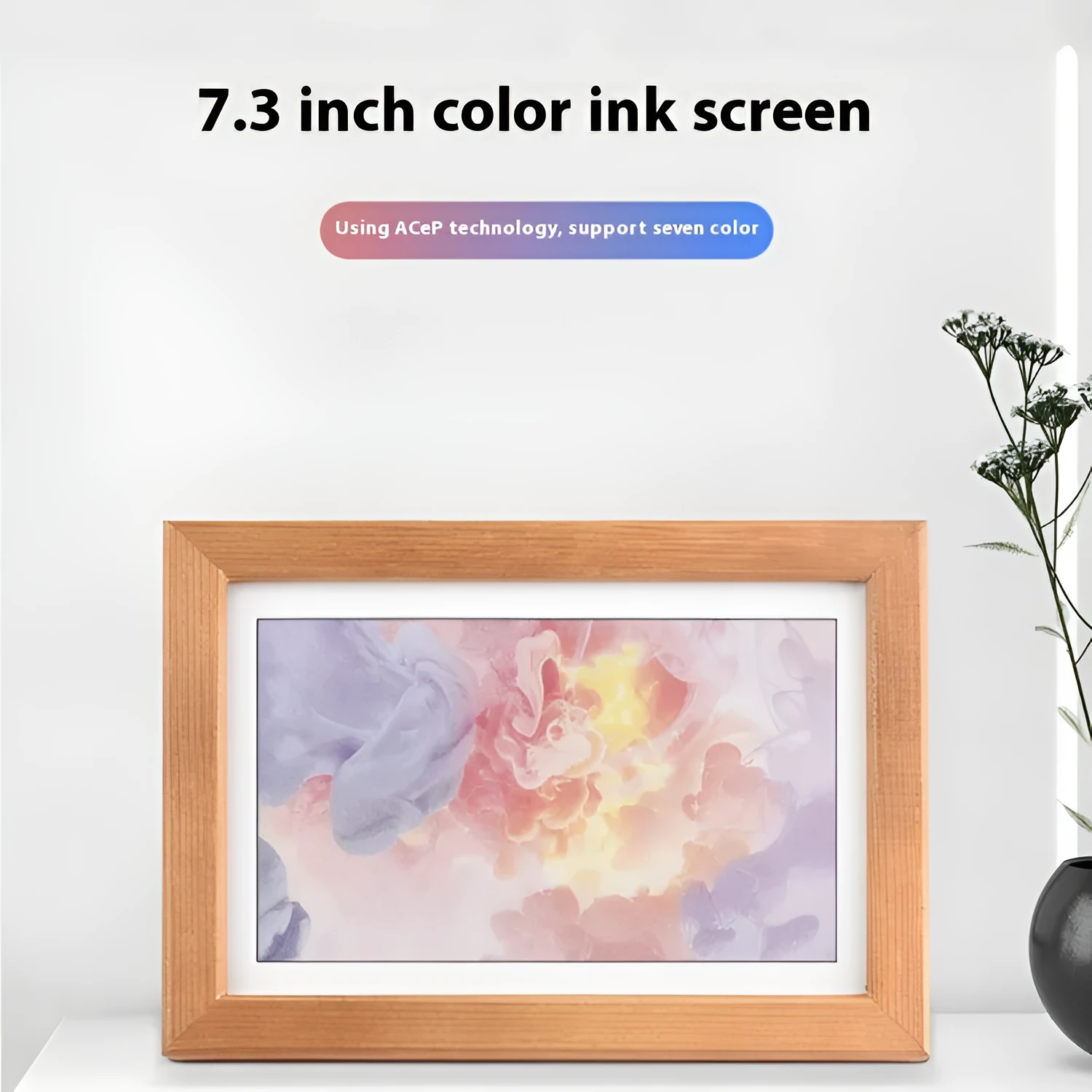 73-inch solid wood photo frame with rainbow colour band and e-ink screen displaying a still image