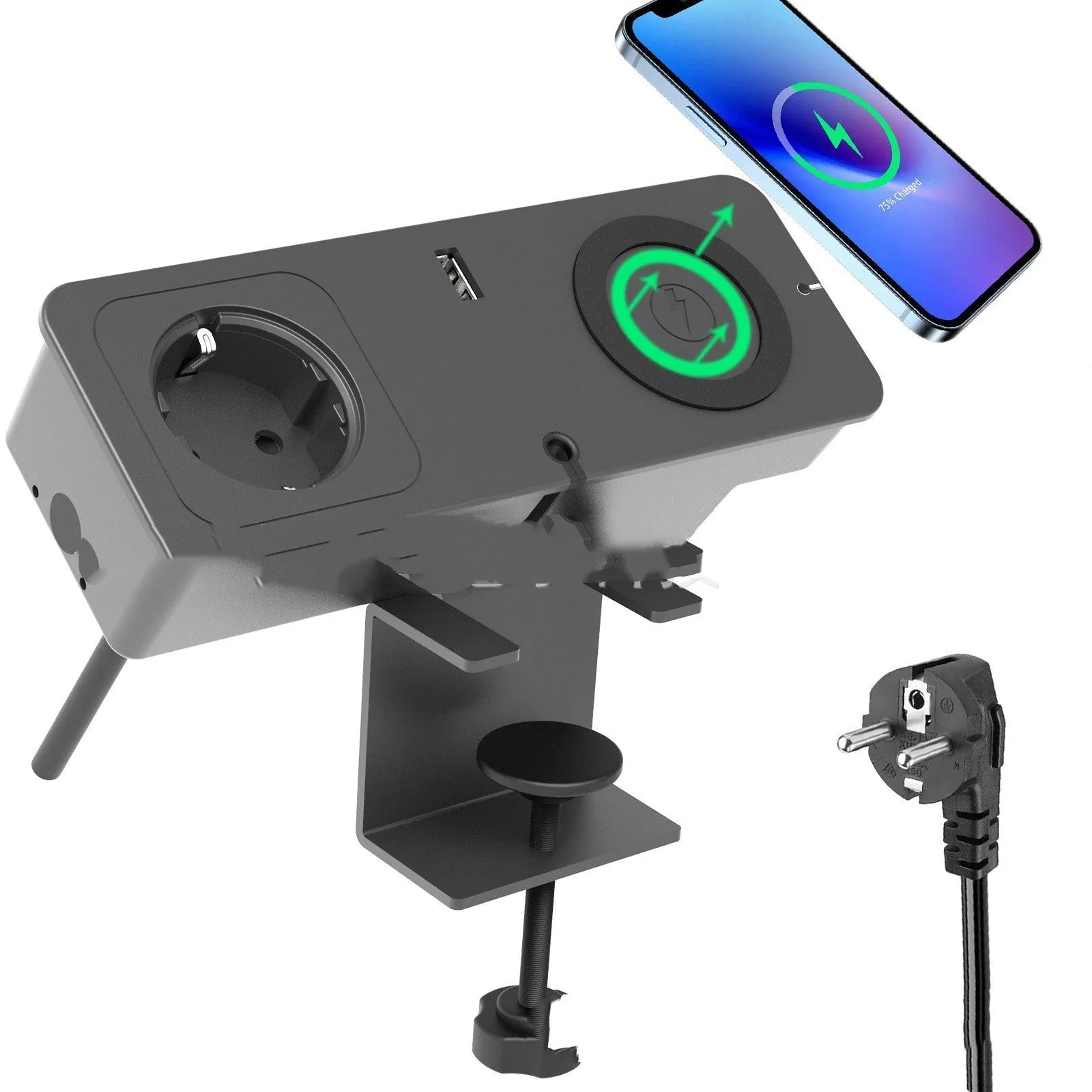 Black European standard quick charge socket with Type-C port for desktop use