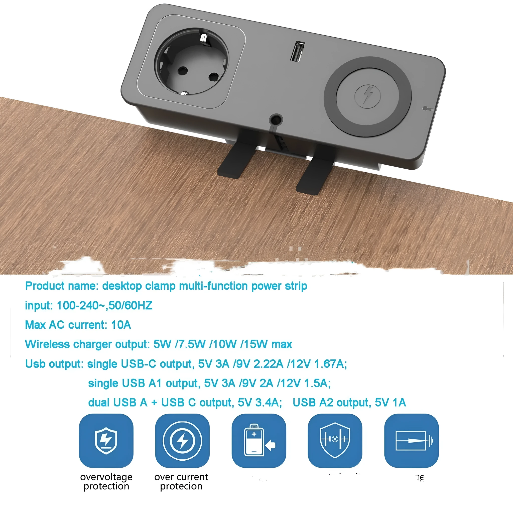 Black European standard quick charge socket with Type-C port for desktop use