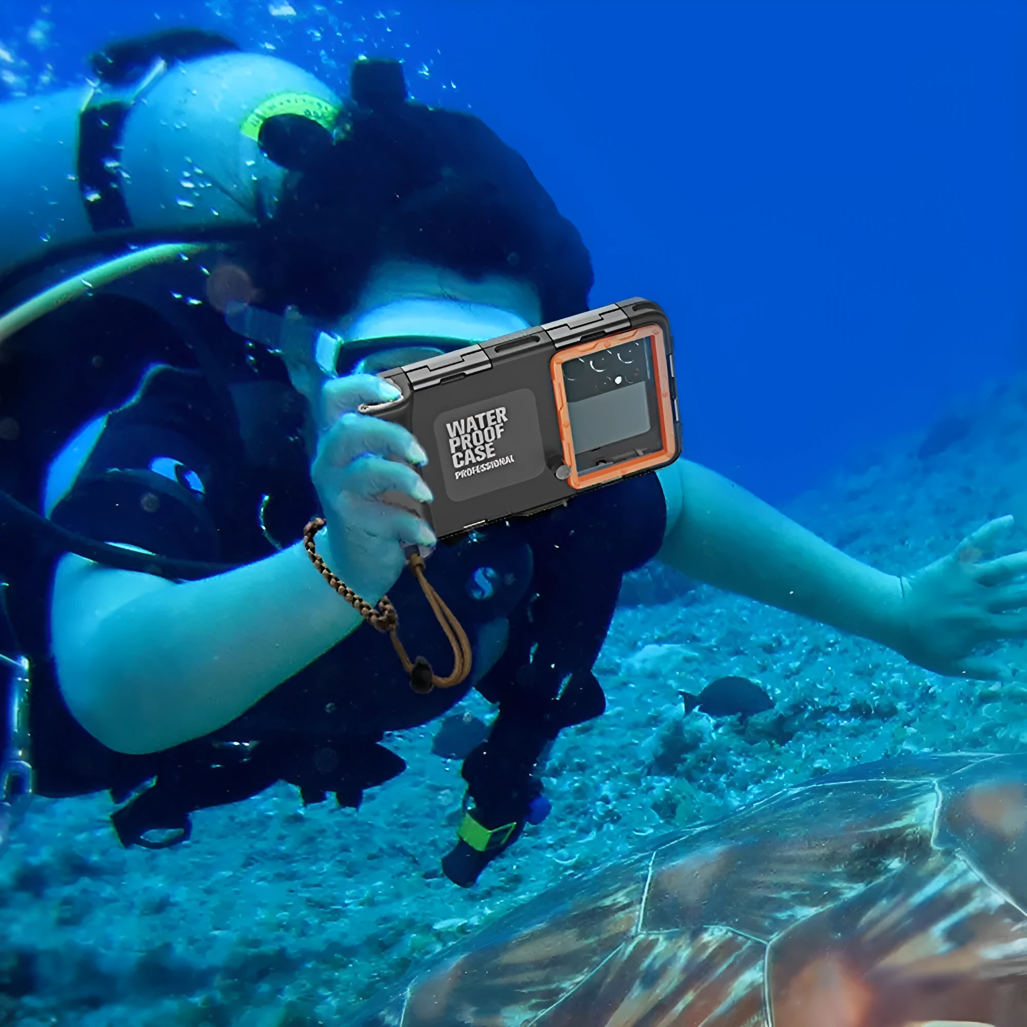 Simple Shooting Waterproof Universal Phone Case in Black Orange with Metal Frame and Lanyard