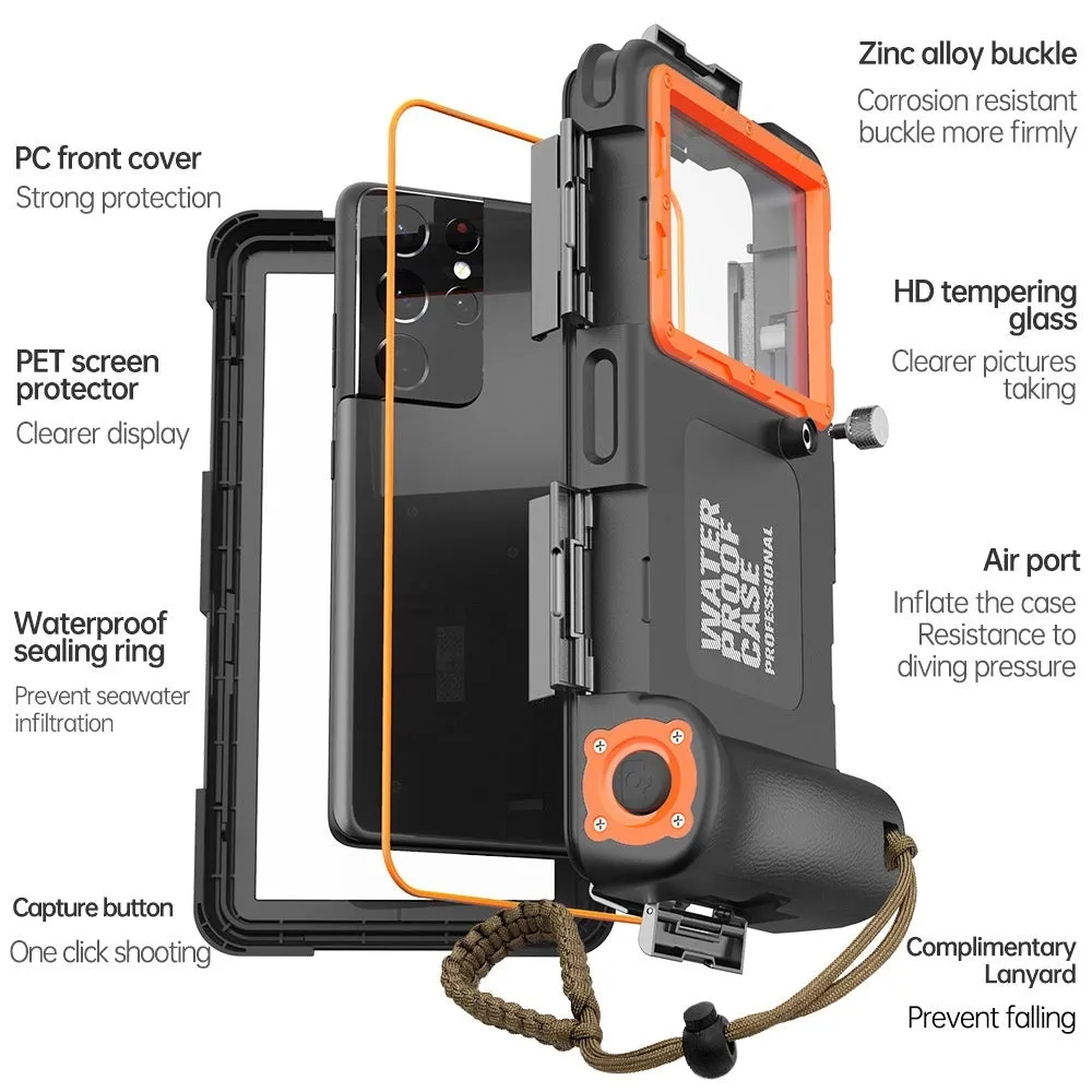 Simple Shooting Waterproof Universal Phone Case in Black Orange with Metal Frame and Lanyard