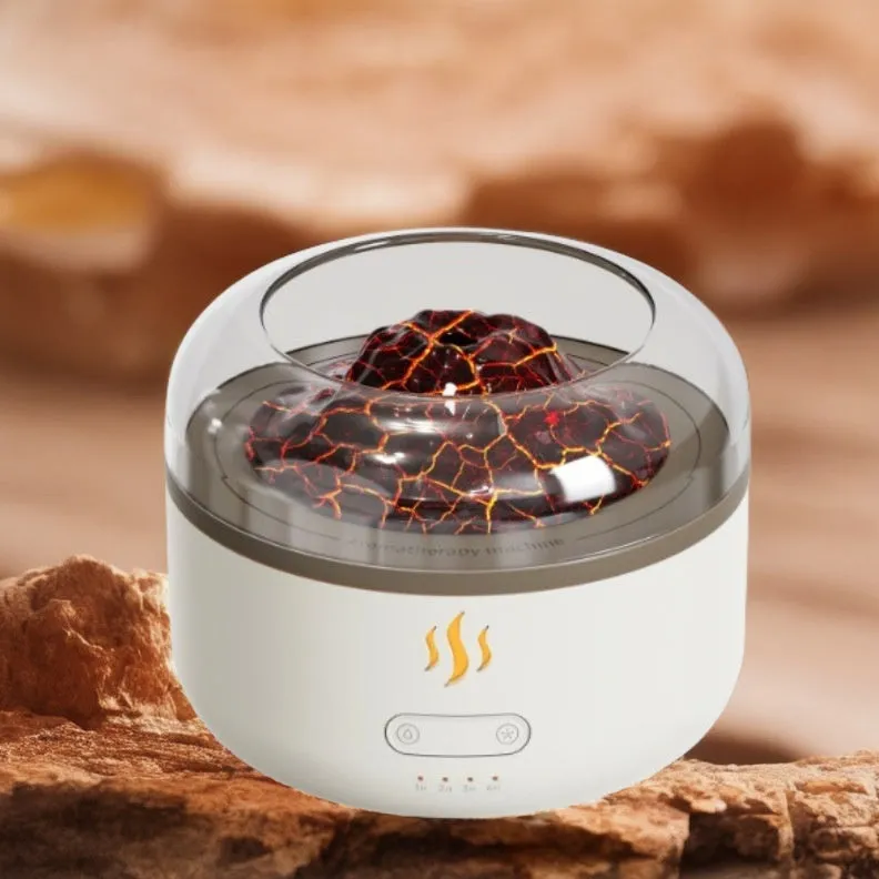 Simulation flame aroma diffuser in milky white plastic, round shape, with USB cord and water reservoir