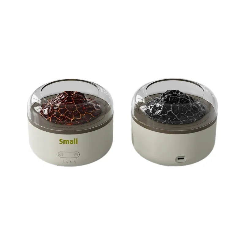 Simulation flame aroma diffuser in milky white plastic, round shape, with USB cord and water reservoir