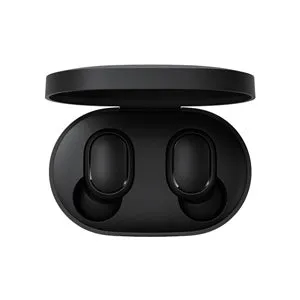 Black Redmi AirDots true wireless Bluetooth earbuds with a charging case.