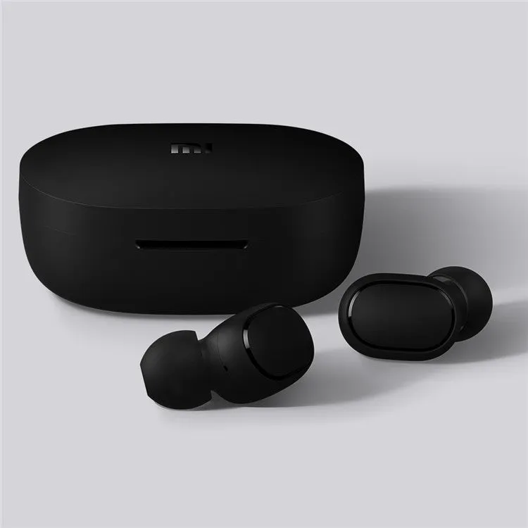Black Redmi AirDots true wireless Bluetooth earbuds with a charging case.