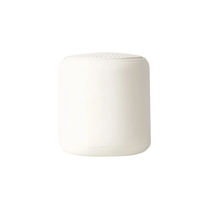 Mini portable wireless Bluetooth speaker in black with rounded edges and fabric grille, 45x48mm size