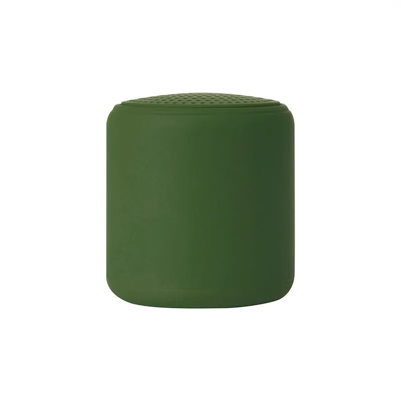 Mini portable wireless Bluetooth speaker in black with rounded edges and fabric grille, 45x48mm size