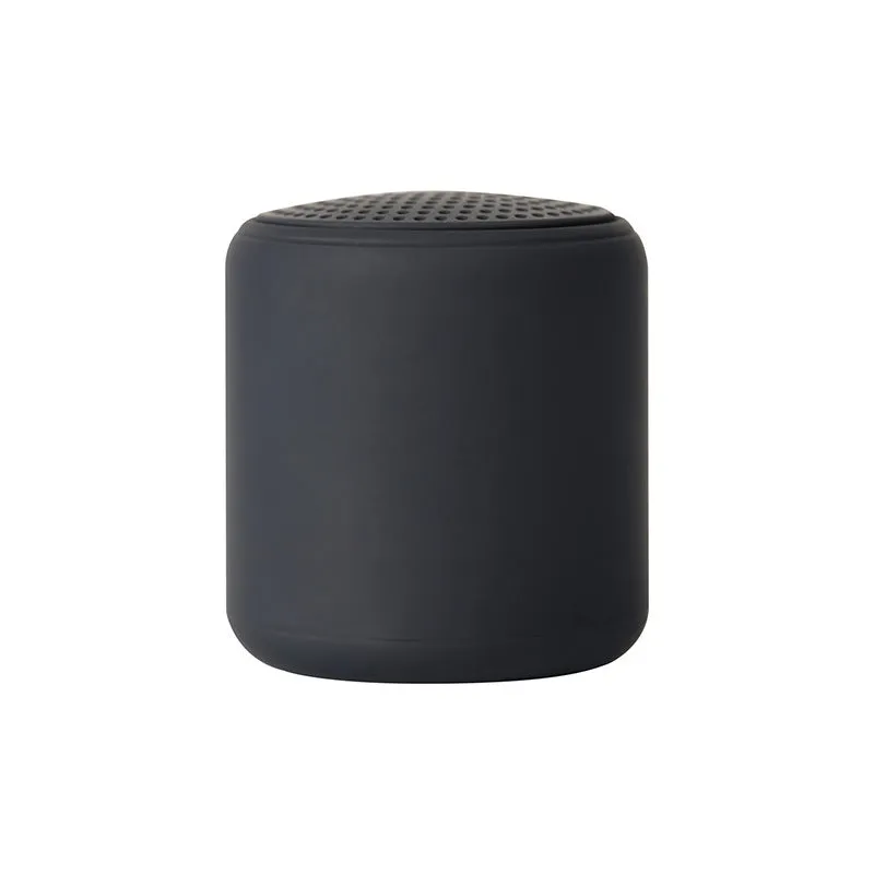 Mini portable wireless Bluetooth speaker in black with rounded edges and fabric grille, 45x48mm size
