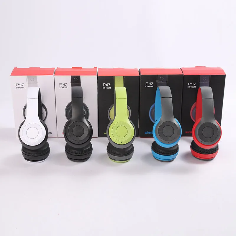 Stereo P47 folding Bluetooth headset in black with over-ear PU ear cups and metal band