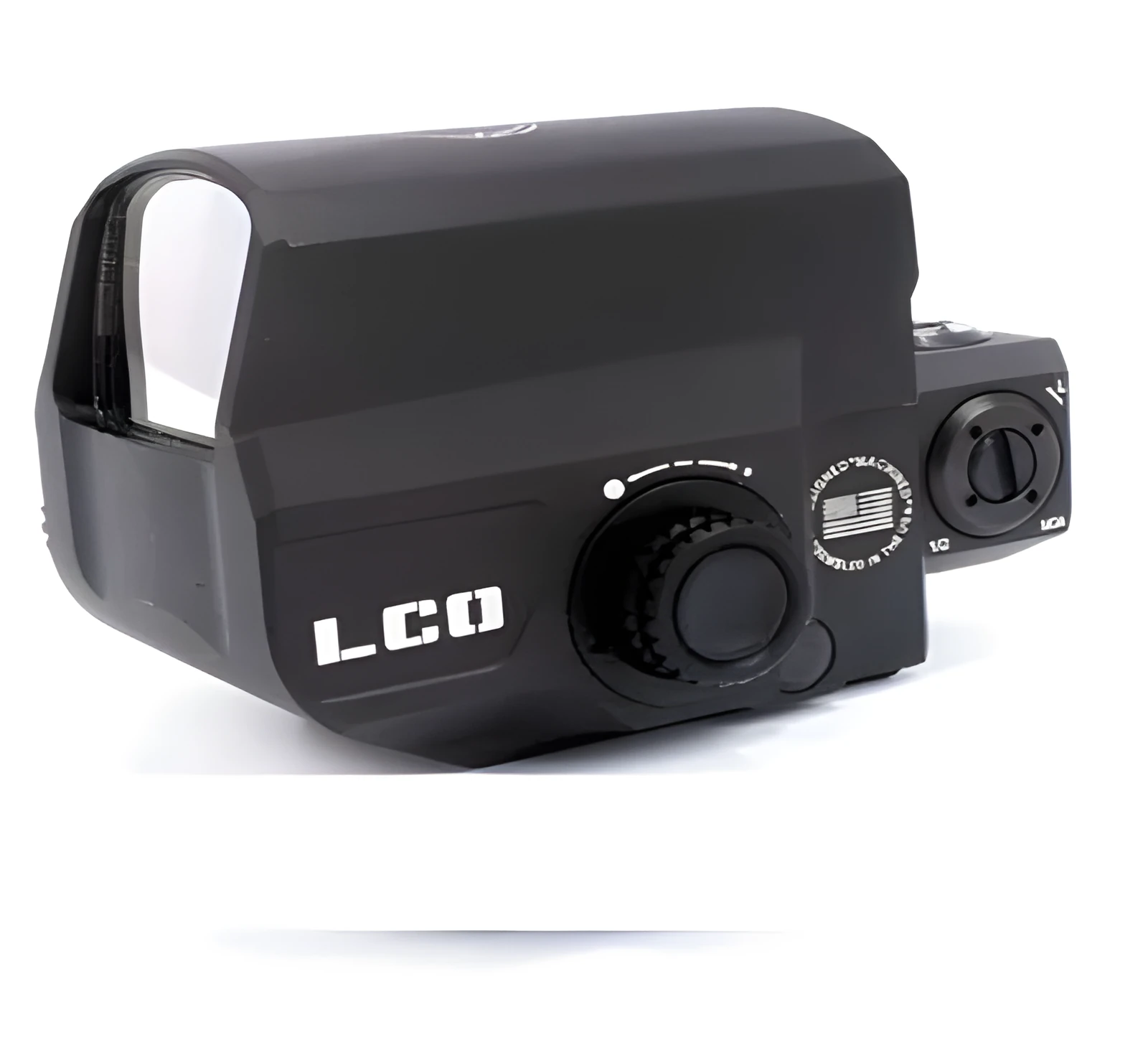 LCO black aluminium red dot reflex sight with 20mm rail mount on a rifle.