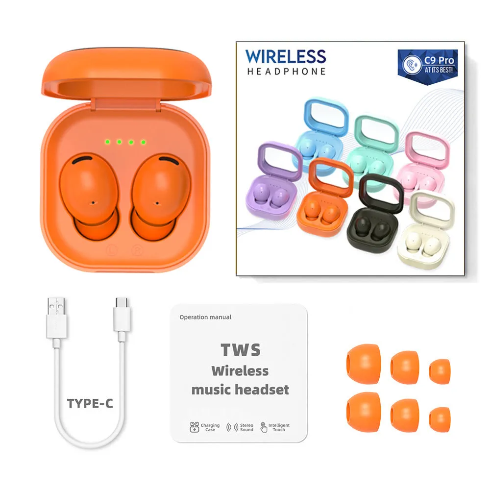C9 Pro Bluetooth headset with translucent charging bin in a colour option