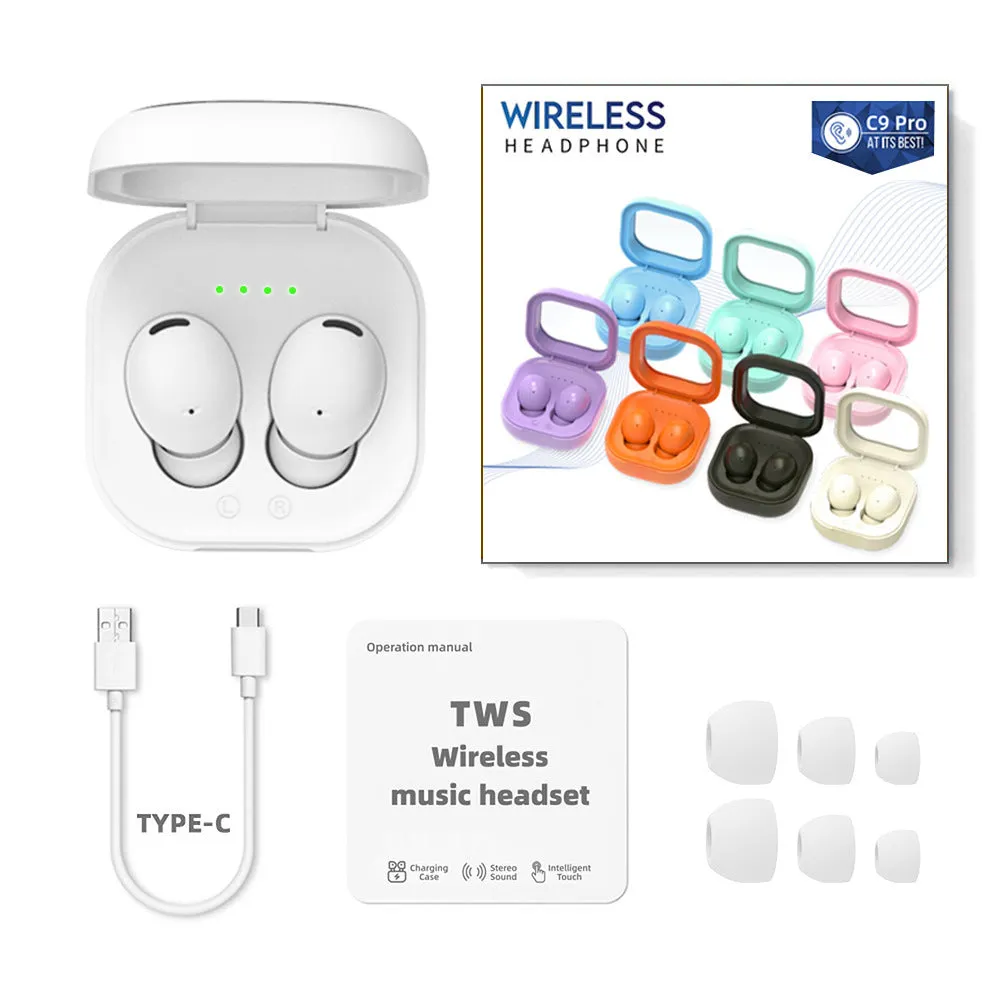C9 Pro Bluetooth headset with translucent charging bin in a colour option