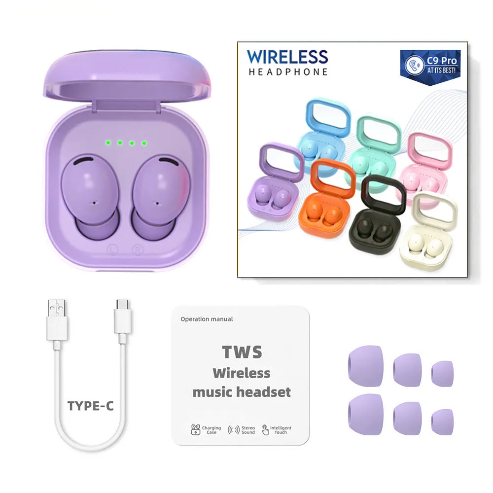 C9 Pro Bluetooth headset with translucent charging bin in a colour option
