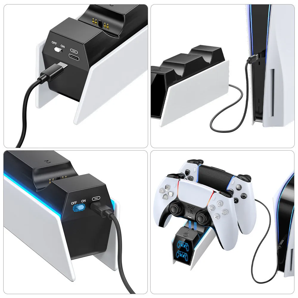White wireless handle charger for PS5 controller with RGB LED indicator, ABS plastic, size 18.8x5.9x16.8cm