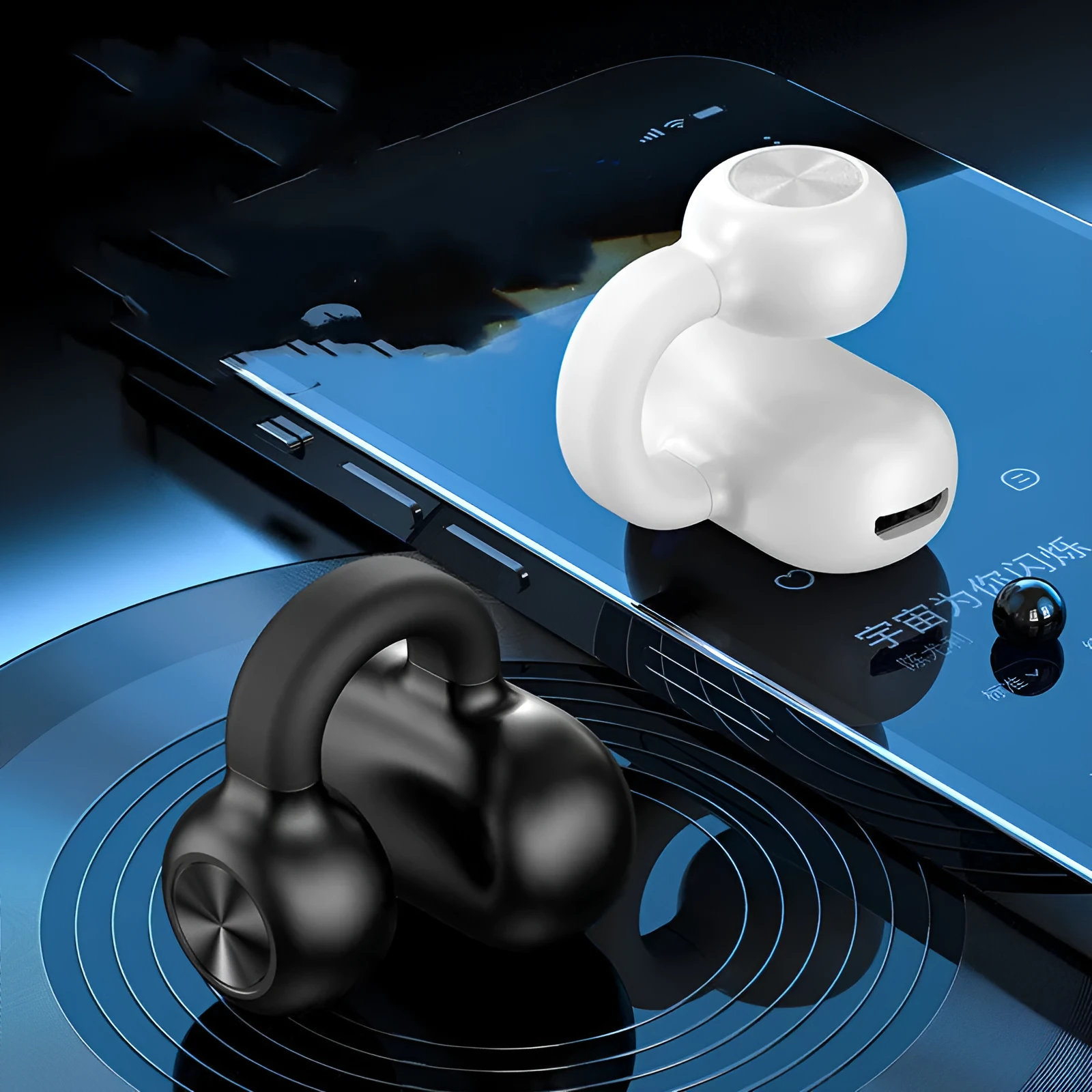 Black wireless Bluetooth headset with clip-on bone conduction earphones for exercise