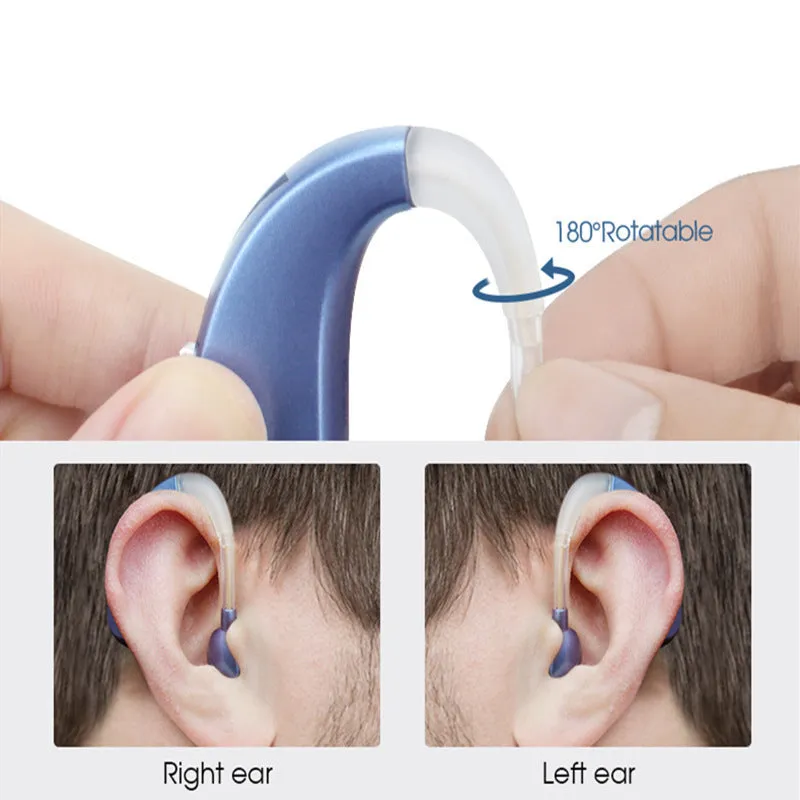 USB rechargeable hearing aid for elderly in blue and silver with double pack
