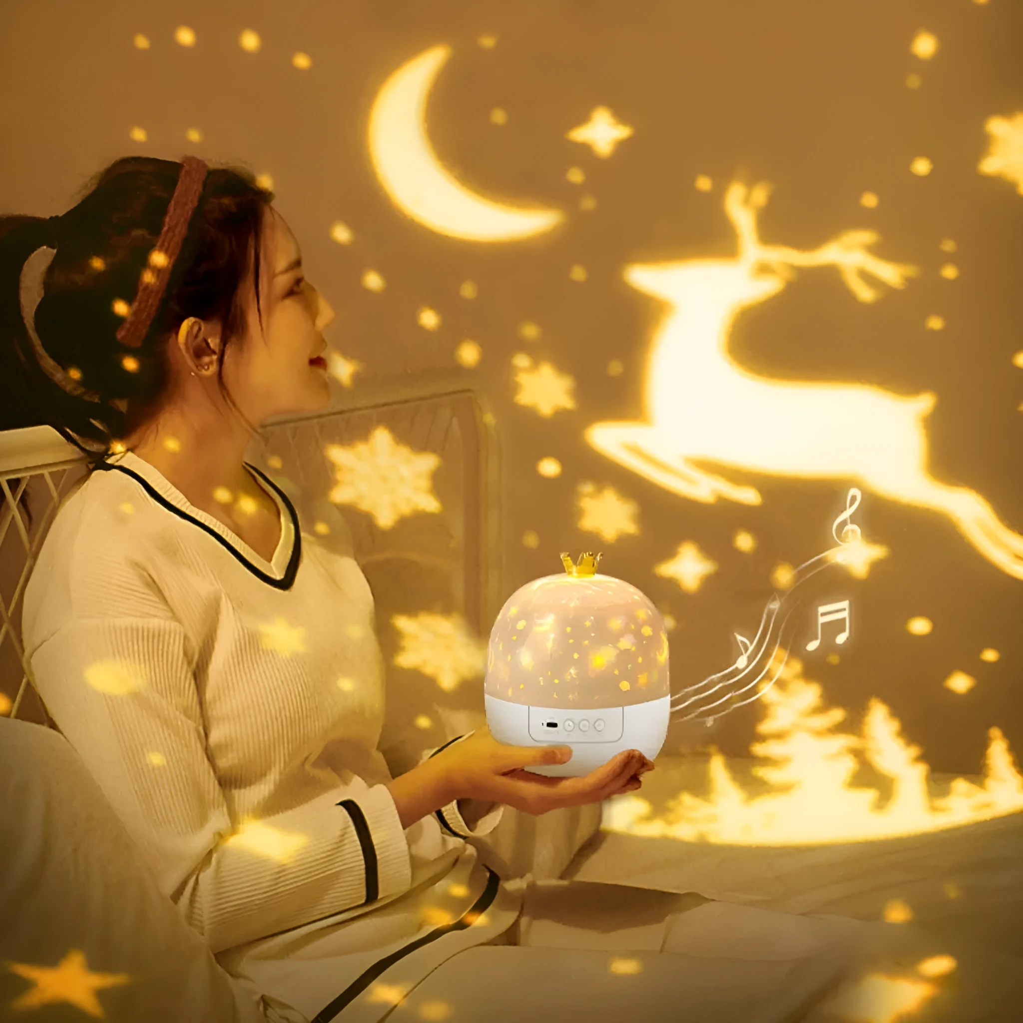 Dream Starry Sky crown projection lamp with rotating starry patterns on a dark background