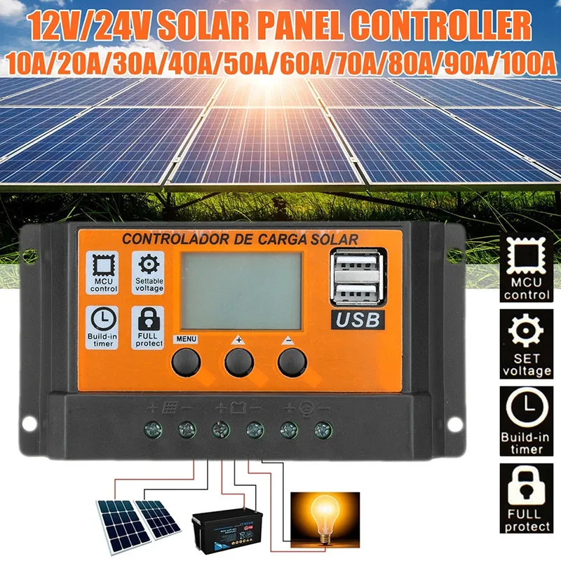 LCD solar panel charging controller with orange backlit display, PVC casing, model 100A rating