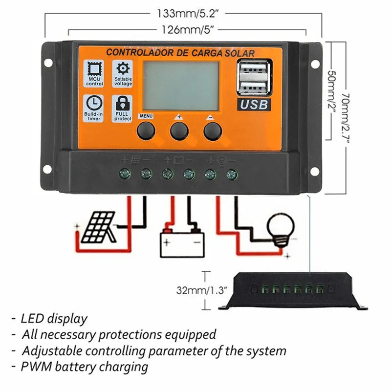 LCD solar panel charging controller with orange backlit display, PVC casing, model 100A rating