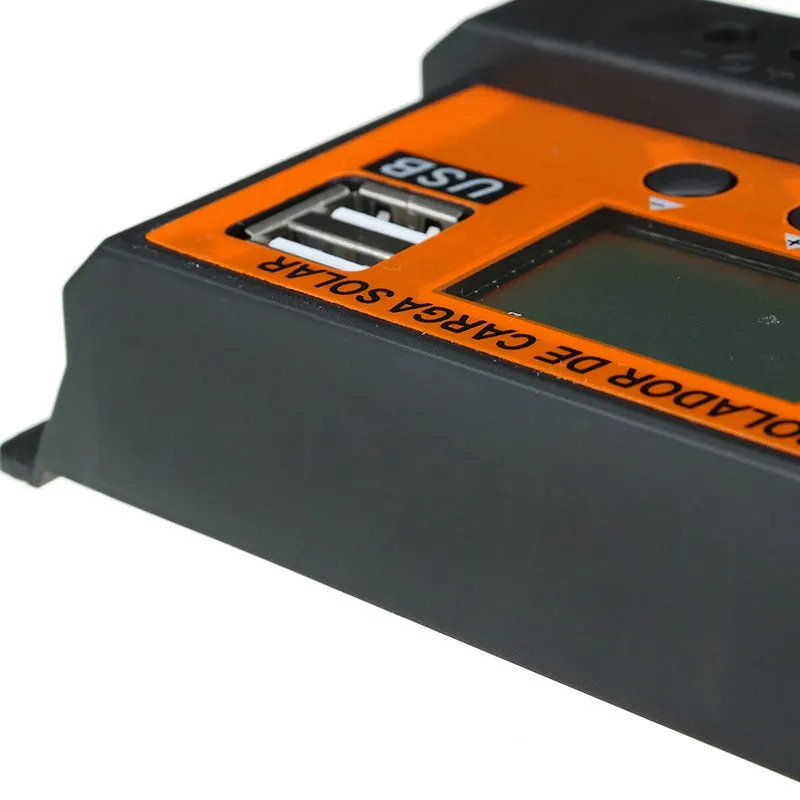 LCD solar panel charging controller with orange backlit display, PVC casing, model 100A rating