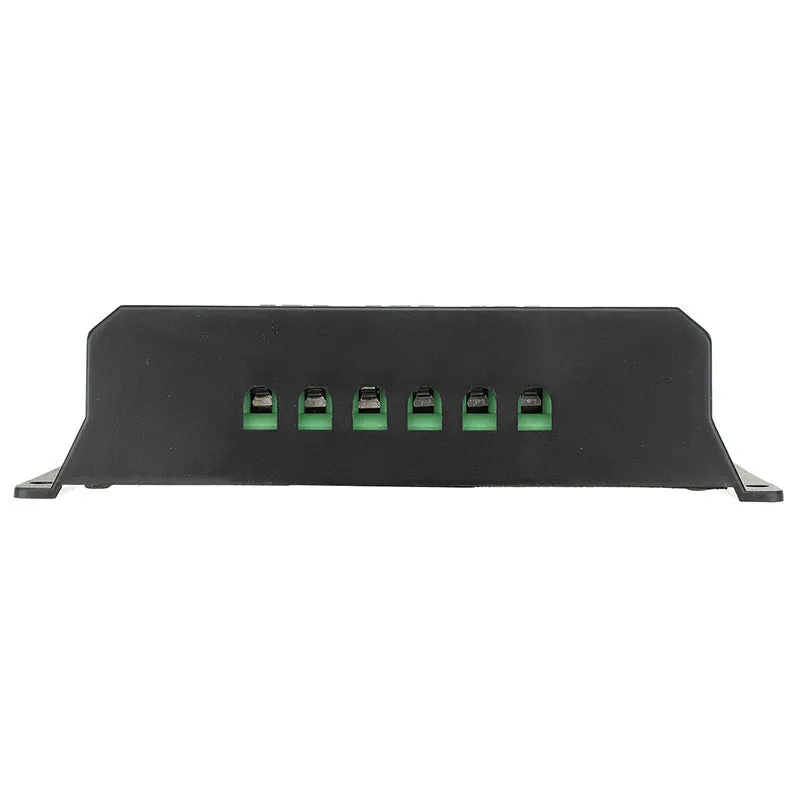 LCD solar panel charging controller with orange backlit display, PVC casing, model 100A rating