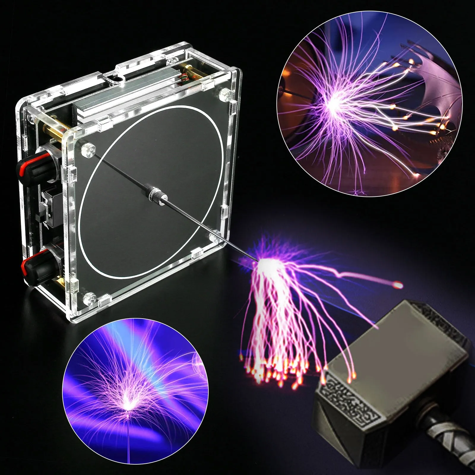Music tesla coil with touchable arc plasma lightning on a desk next to a power supply