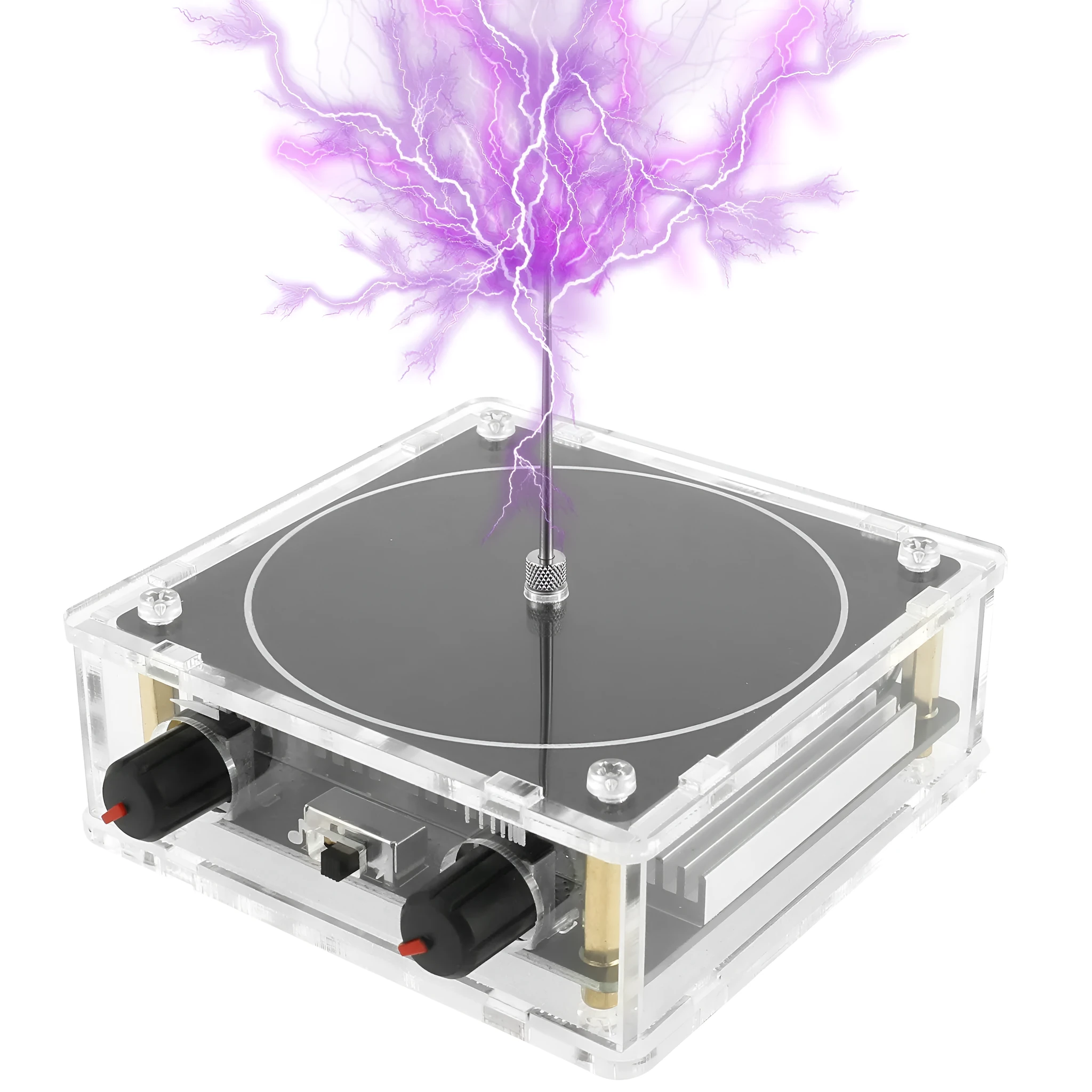 Music tesla coil with touchable arc plasma lightning on a desk next to a power supply
