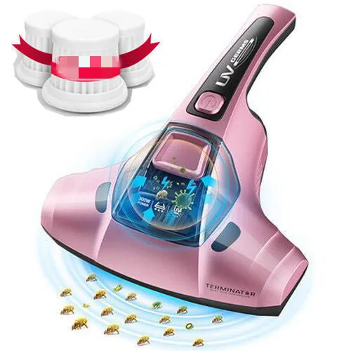 Pink handheld electric vacuum cleaner mite killer artifact on a table.