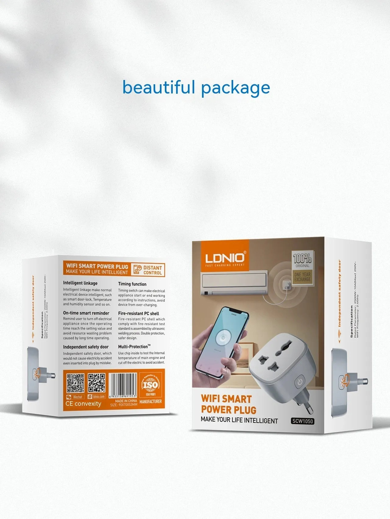 White smart WiFi socket with EU plug standard, timer and overload protection functions on white background